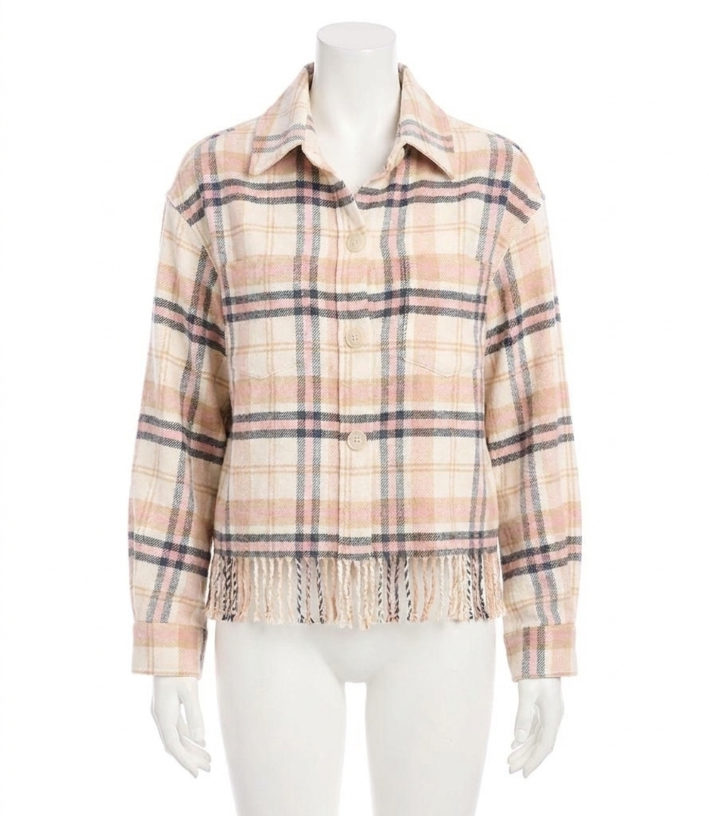 NEW KAREN KANE rose plaid fringe shirt jacket in pink, black and white